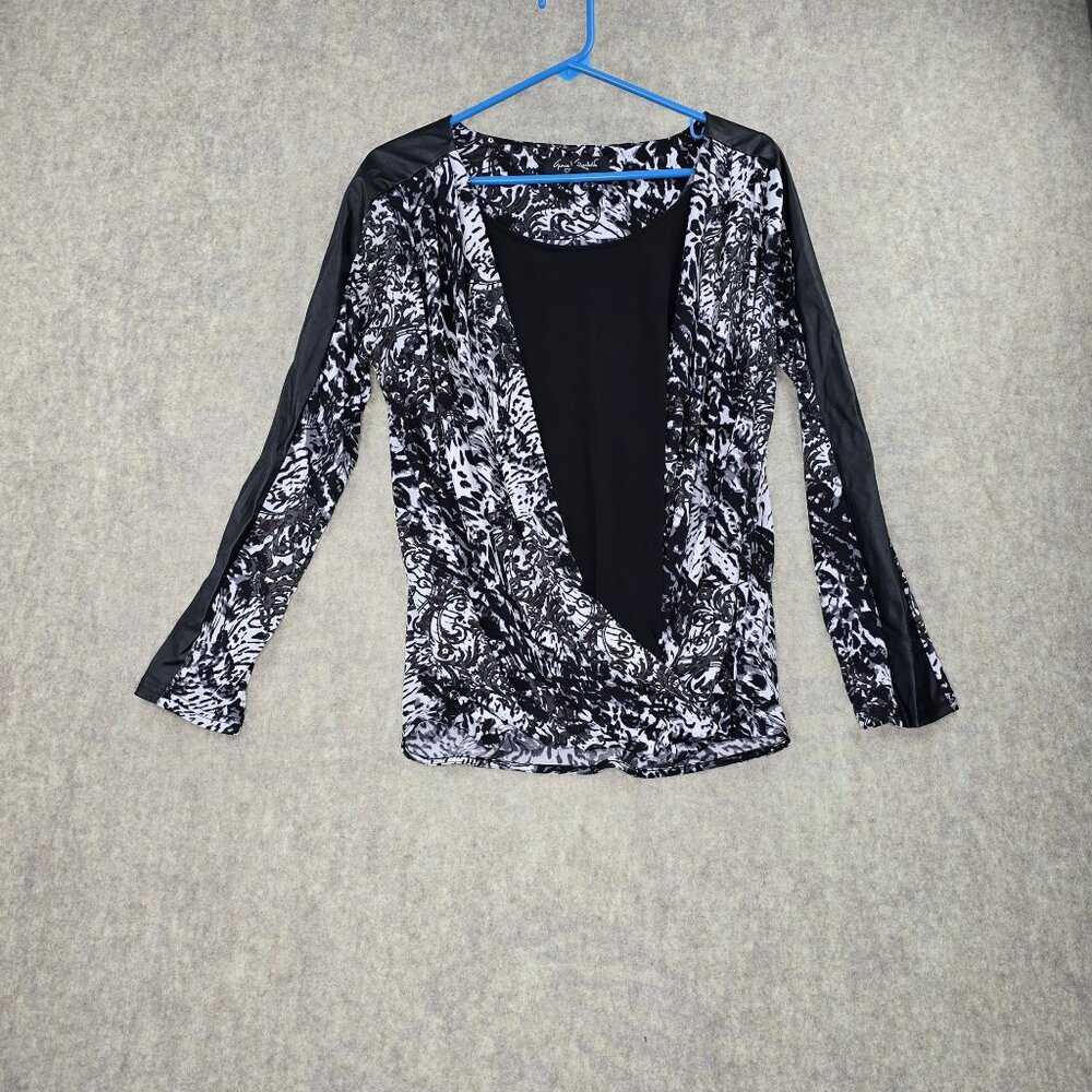 Gloria Vanderbilt Edition Womens Black & White Blouse With Faux Leather Trim